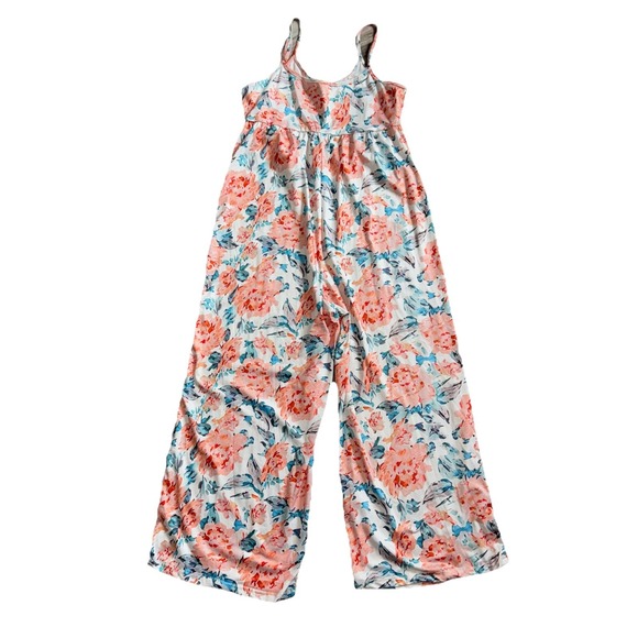 Jumpsuit Teal Orange Floral Adjustable Spaghetti Strap Wide Leg Flowy Size Med - Picture 2 of 11
